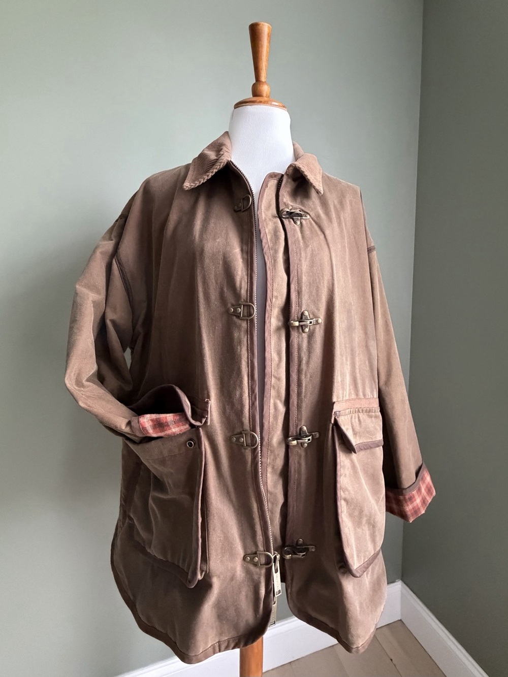 Free People We The Free Brown Plaid Heritage Wax Duffle Utility Coat Size Medium
